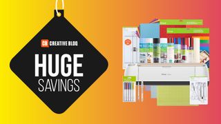 A product shot of the Cricut Maker bundle on a colourful background with the words huge savings