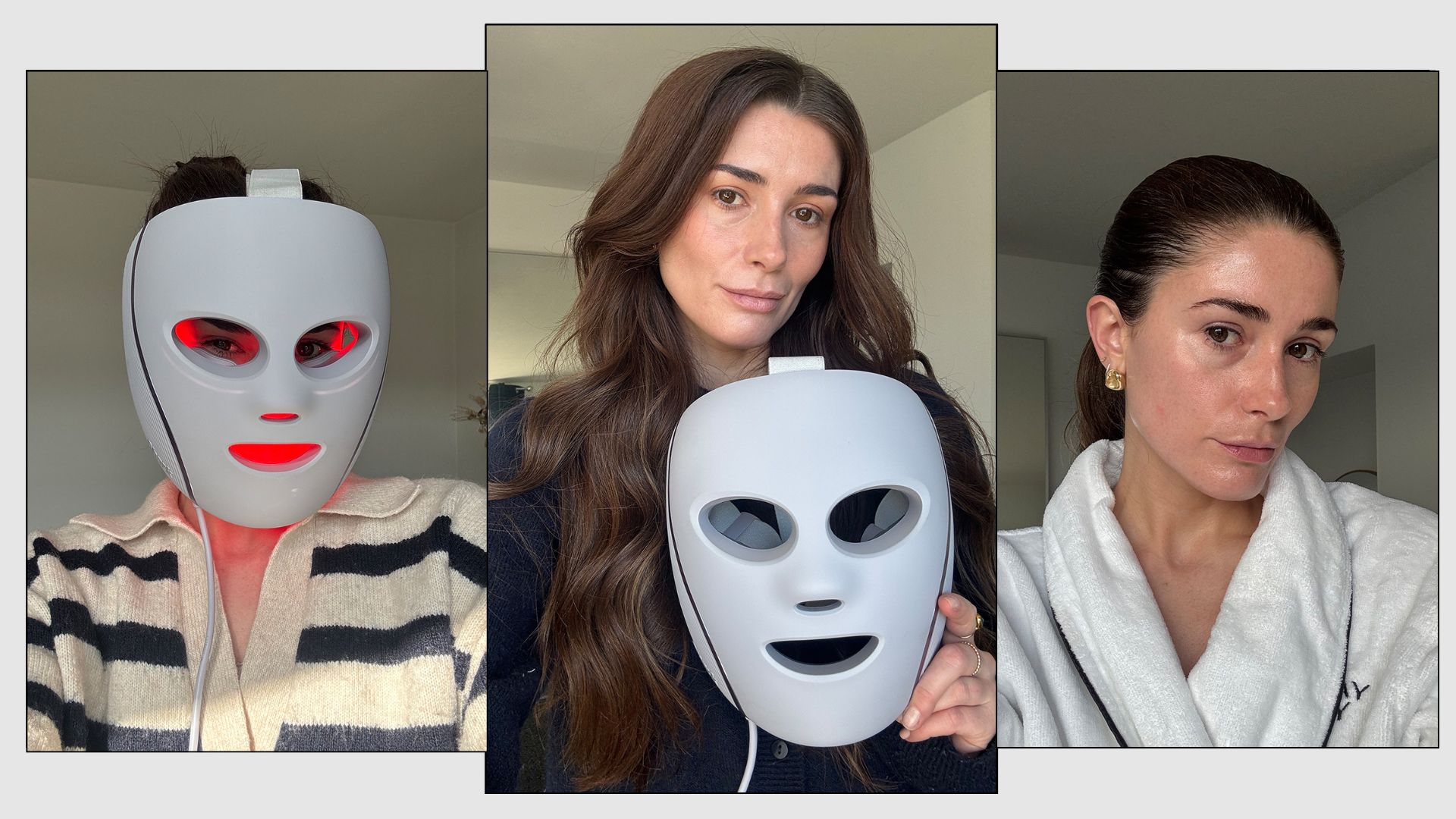 A collage of imagery with beauty editor Eleanor Vousden testing the Shark LED Mask