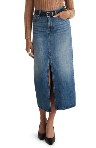 Mid Rise Denim Maxi Skirt