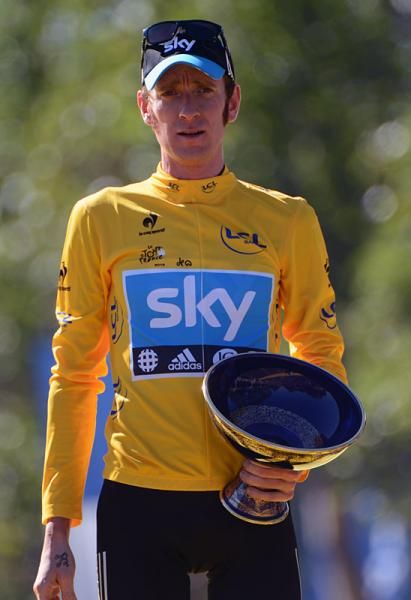 Bradley Wiggins (Sky) with the Tour de France champion's trophy.