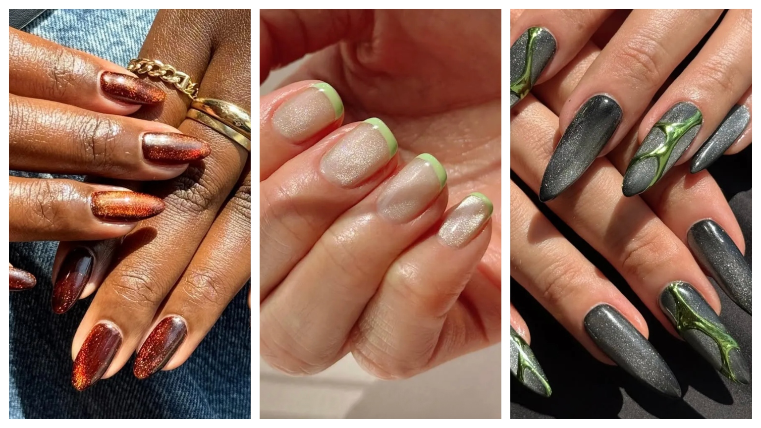 three cat eye manicures on a trio of hands