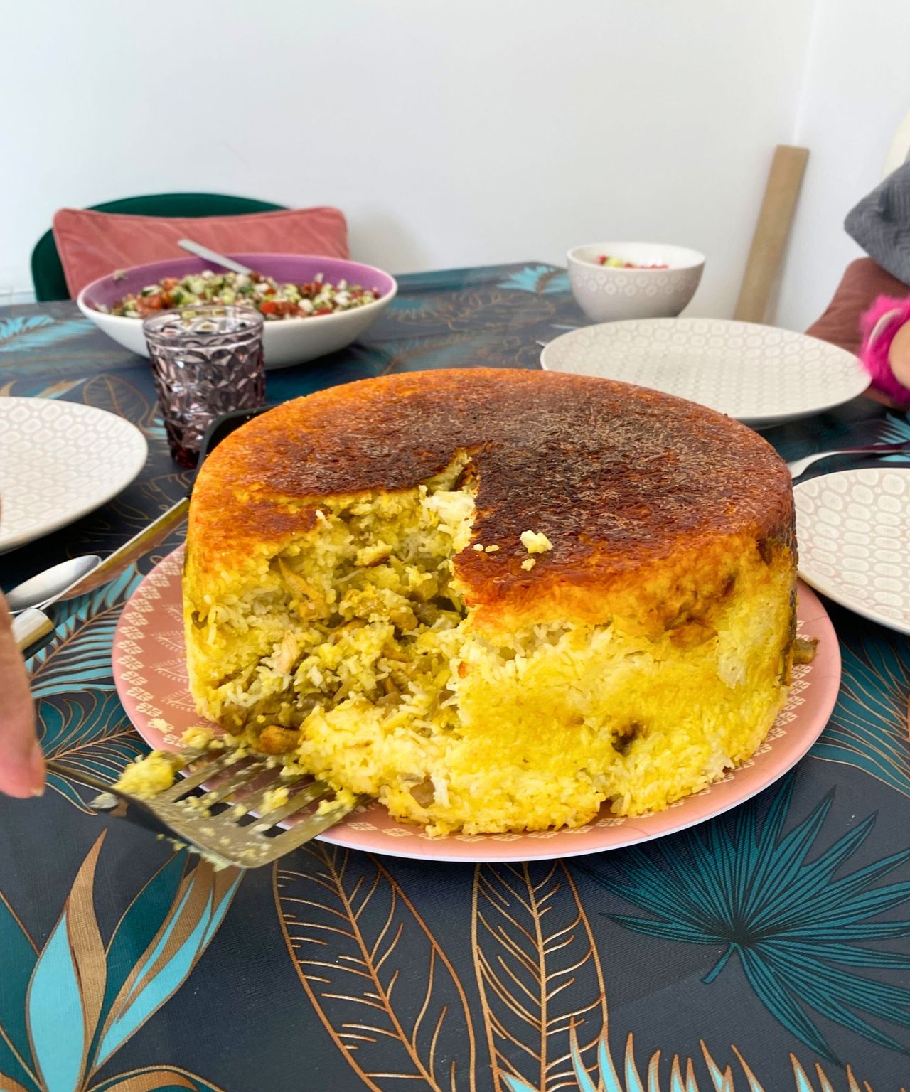 My chicken, aubergine and saffron yogurt Persian tahchin with crispy tahdig