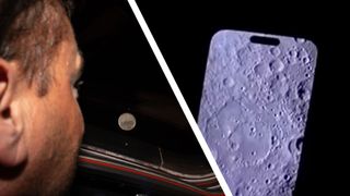 An Artemis II astronaut looking out of a window at the moon, next to an iPhone showing a photo of the moon's surface