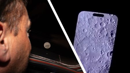 An Artemis II astronaut looking out of a window at the moon, next to an iPhone showing a photo of the moon's surface
