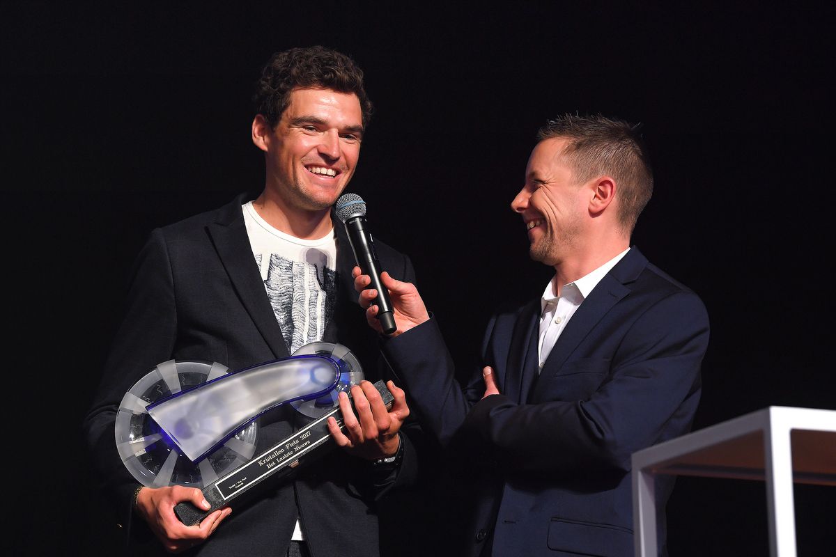 Greg Van Avermaet interviewed as he holds the Kristallen Fiets trophy