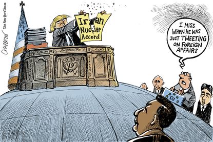 Political cartoon U.S. Trump tweets Iran Deal foreign policy