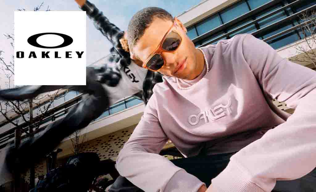 Oakley logo placed over an image of a young man posing with a motion capture of his friend behind him