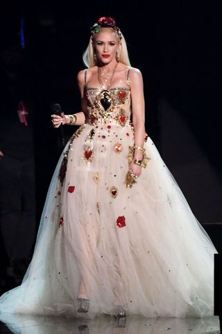 Gwen Stefani wearing a long tulle gown with embellishments