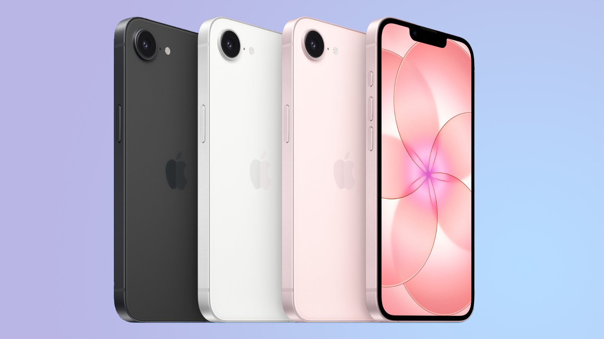 3 Apple iPhone 17e phones facing backward and one facing forward