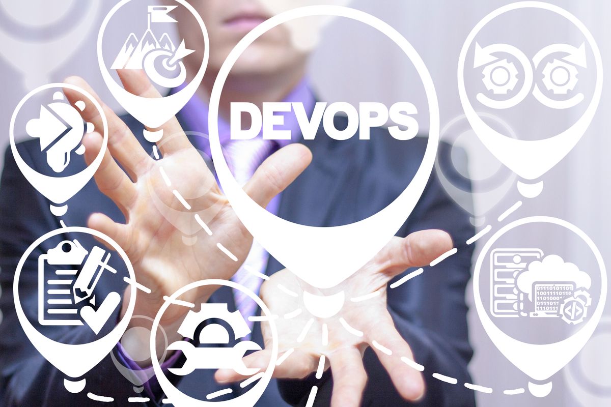 DevOps thought bubbles with a person standing behind them