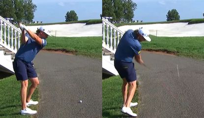 Cameron Smith hits a golf ball from the cart path