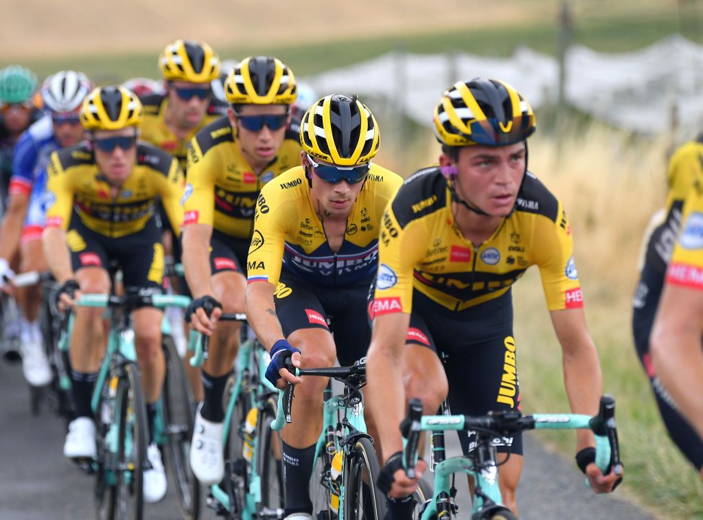 Primoz Roglic tucked in with his Jumbo-Visma teammates