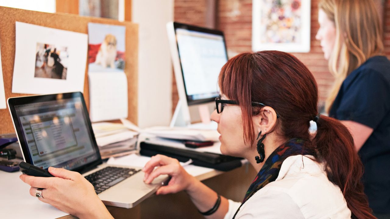 Woman working at a laptop in an office.