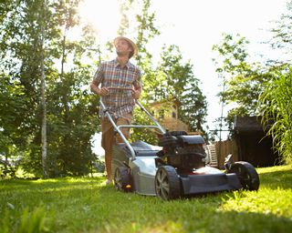 mowing lawn in summer