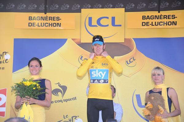 Bradley Wiggins (Sky) on the podium after defending his lead