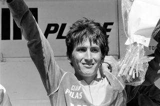 Colombian Luis Lucho Herrera celebrates on the podium at l'Alpe d'Huez in 1984. His name is now on turn 12