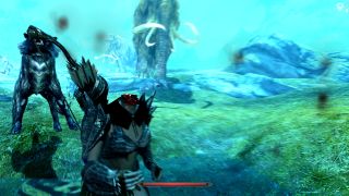 A headless dark elf runs away from a wolf and a mammoth, via the Skyrim on Skooma mod