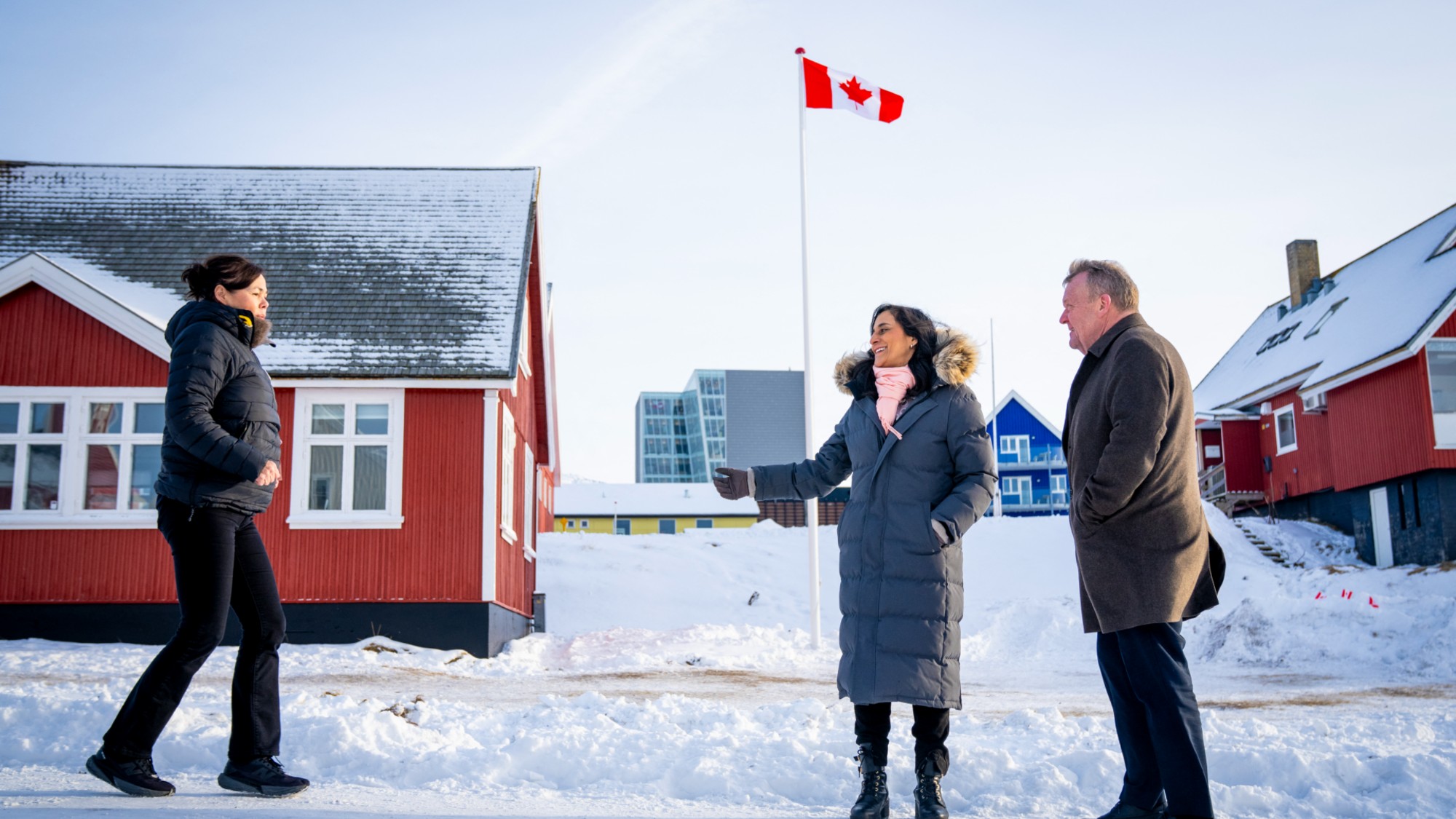 Danish Foreign Minister Lars Loekke Rasmussen, Greenland Minister for Foreign Affairs Vivian Motzfeldt, and Canadian Foreign Minister Anita Anand meet in front of the newly opened Canadian consulate in Nuuk, Greenland, on February 7, 2026. Canada, which opposes US President Donald Trump's claim to Greenland, opened a consulate in the Danish autonomous territory's capital on February 6, in a show of support for the local government. (Photo by Ida Marie Odgaard / Ritzau Scanpix / AFP via Getty Images) / Denmark OUT