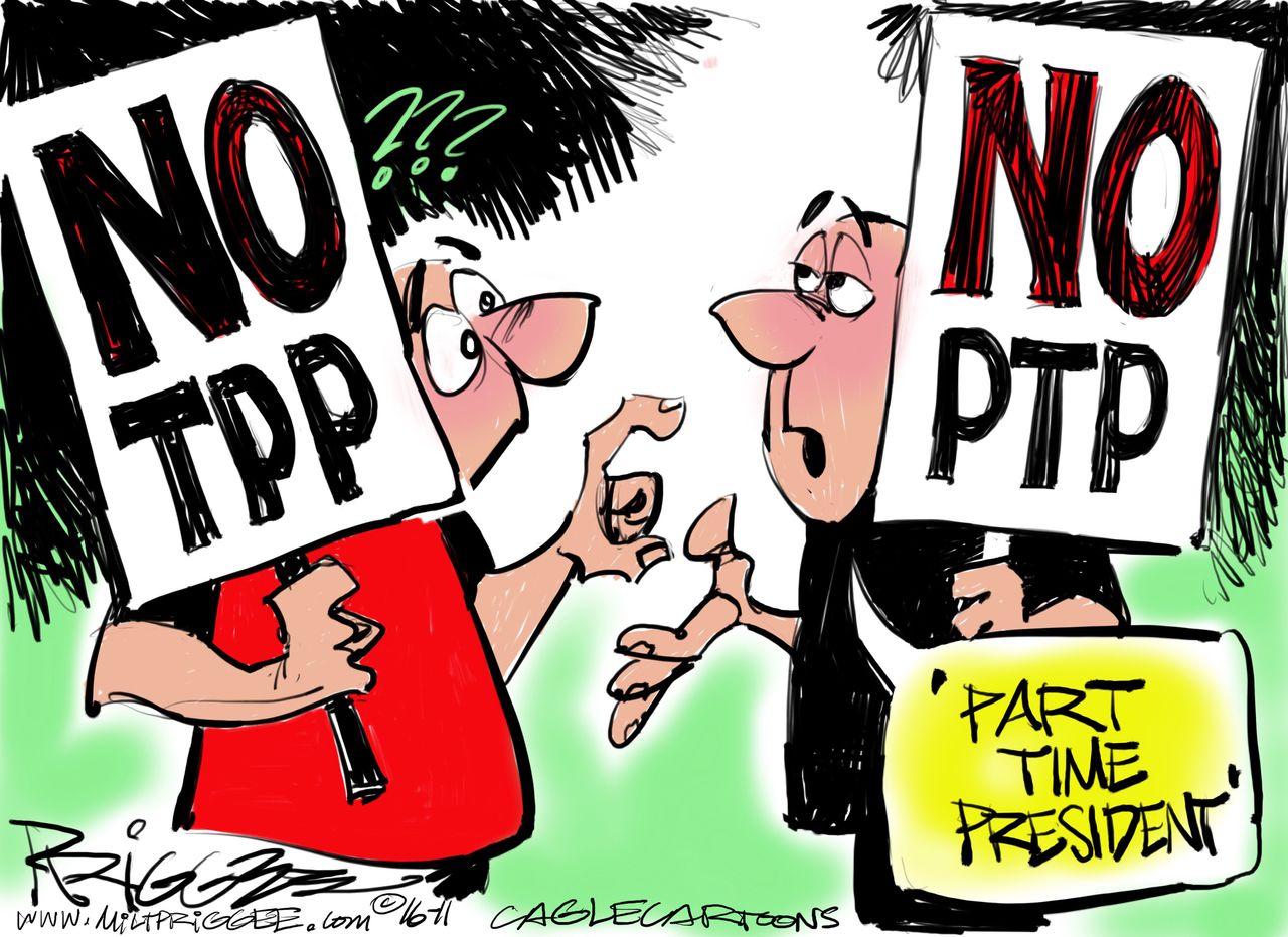 Political cartoon U.S. president elect Donald Trump No TPP