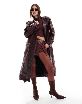 Bersha Snakeskin Faux Leather Trench Coat in Burgundy