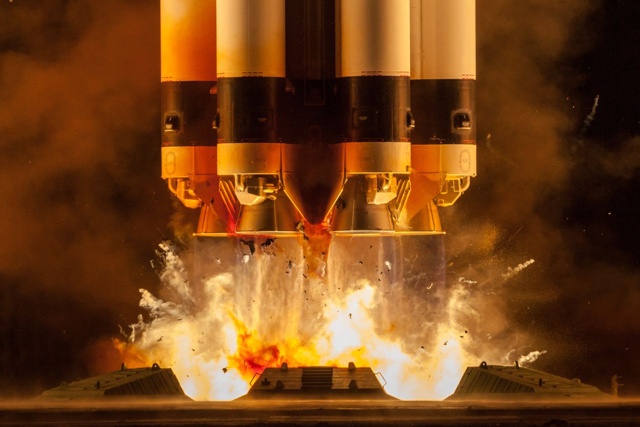 A Russian Proton-M rocket launches the Express 80 and Express 103 communications satellites for the Russian Satellite Communications Company from Baikonur Cosmodrome on July 30, 2020.