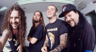 Pantera photographed in 1992 [L-R]: Dimebag Darrell, Rex Brown, Phil Anselmo, Vinnie Paul