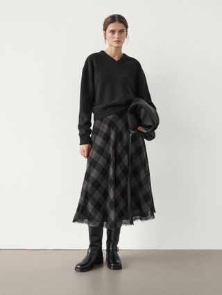 Massimo Dutti, 100% Wool Check Midi Skirt