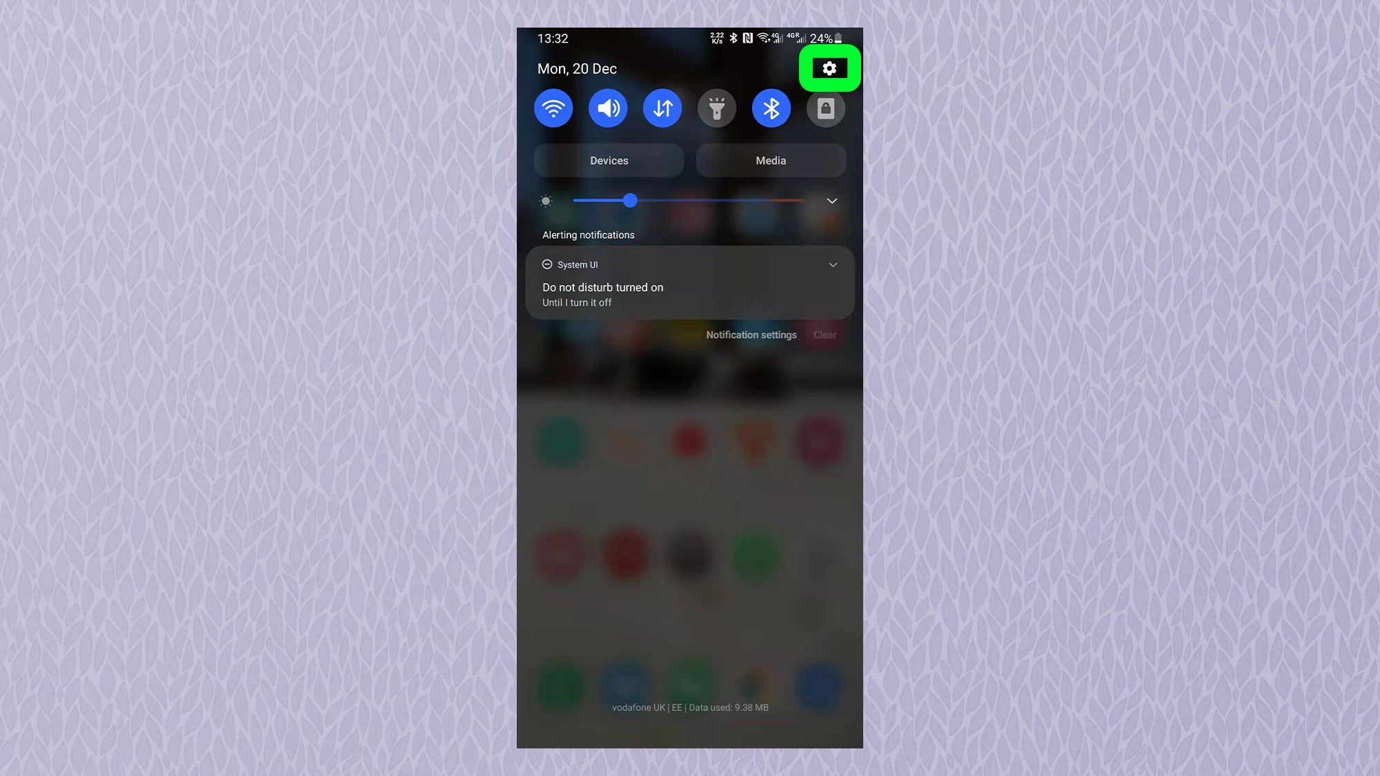 Снимок экрана, показывающий настройки для S Pen от Samsung - зубчатое колесо выделено