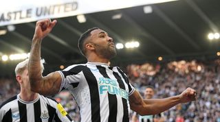 Callum Wilson celebrates after scoring for Newcastle against Manchester United in the Premier League in April 2023.