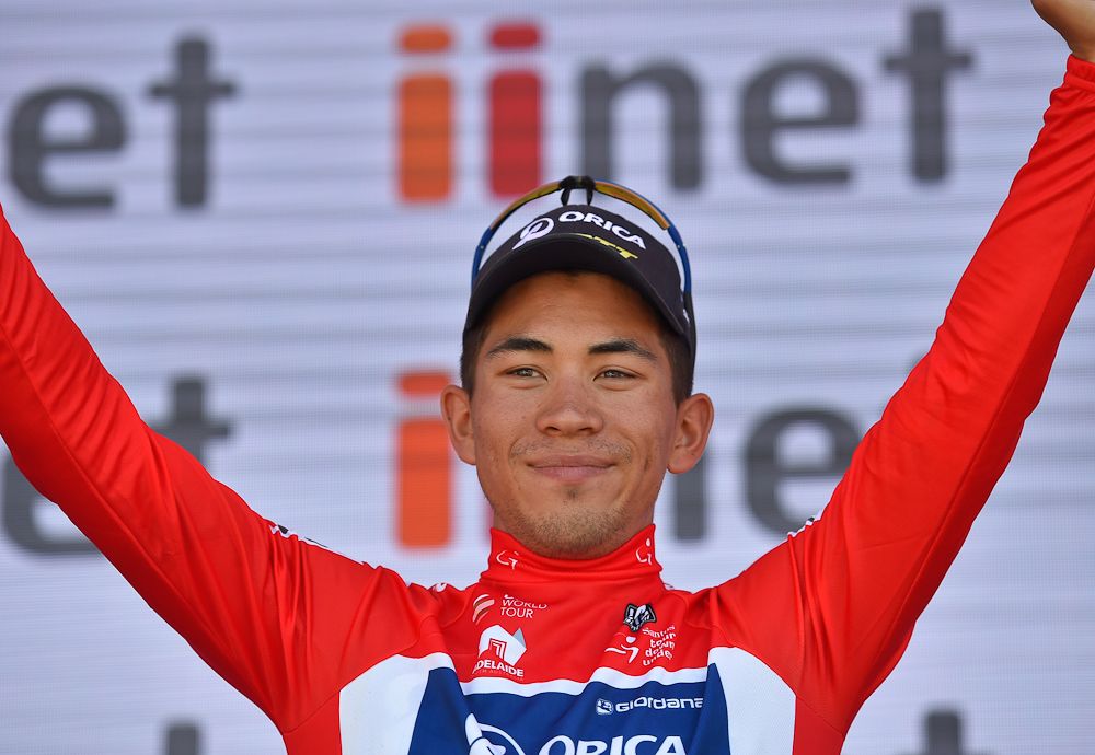 caleb Ewan on the stage 3 podium at the Tour Down Under