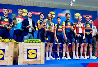 The riders of Lidl-Trek show off their new kit including three national champions' jerseys