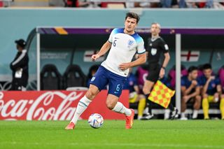 Harry Maguire of England controls the ball during the FIFA World Cup Qatar 2022 Group B match between Wales and England at Ahmad Bin Ali Stadium on November 29, 2022 in Doha, Qatar.