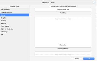 Section type options in Scrivener's compile menu.
