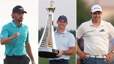 (L to R) Marco Penge, Rory McIlroy holds up the Race To Dubai trophy in 2025, Matt Fitzpatrick