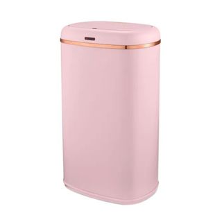 A tall pink bin with gold detailing