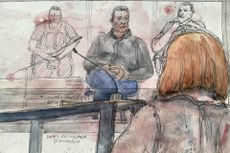 This court sketch created at the Avignon courthouse in Avignon, south-eastern France, on October 11, 2024, shows defendant Dominique Pelicot (C) looking up in front of his former partner Gisele Pelicot (R) during his trial in which he is accused of drugging his wife for nearly ten years and inviting strangers to rape her at their home in Mazan, a small town in the south of France. A court in the French southern town of Avignon is trying Dominique Pelicot, a 71-year-old retiree, for repeatedly raping and enlisting dozens of strangers to rape his heavily sedated wife in her own bed over a decade. Fifty other men, aged between 26 and 74, are also on trial for alleged involvement, in a case that has horrified France. The court proceedings, which runs until December, are open to the public at the request of Dominique Pelicot's ex-wife and victim.