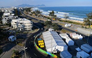 The tents are up for the Olympic Games road race in Fort Copacabana