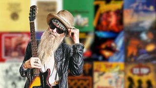 Billy Gibbons in front of a wall of ZZ Top album covers