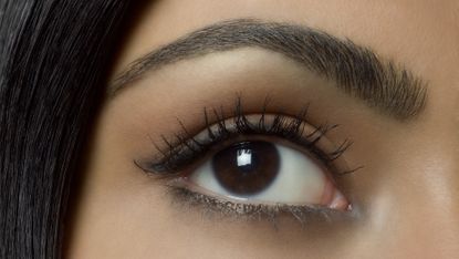 woman posing for a close up, showing her eye, eyebrow and some hair.
