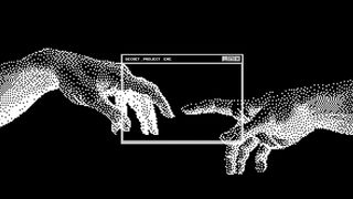 An illustration in a pixelated style mimicking the hands in Michelangelo's creation of Adam