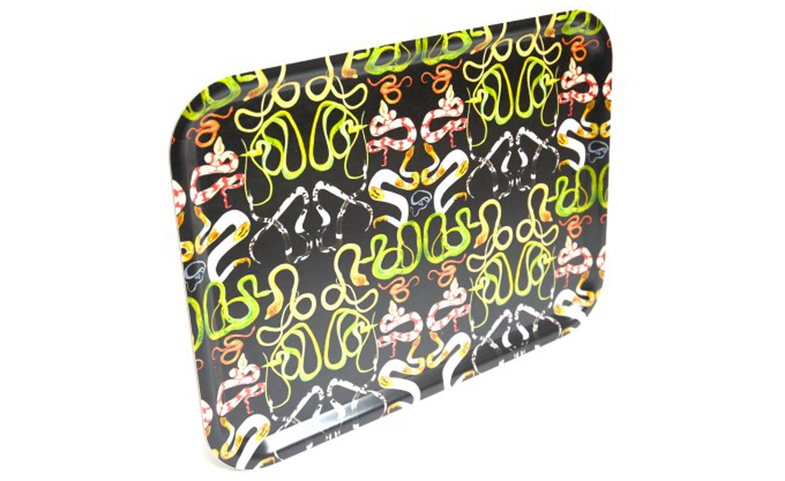 Tray designed with wriggley lines in shaded of green and red. photographed horizontally against a white background