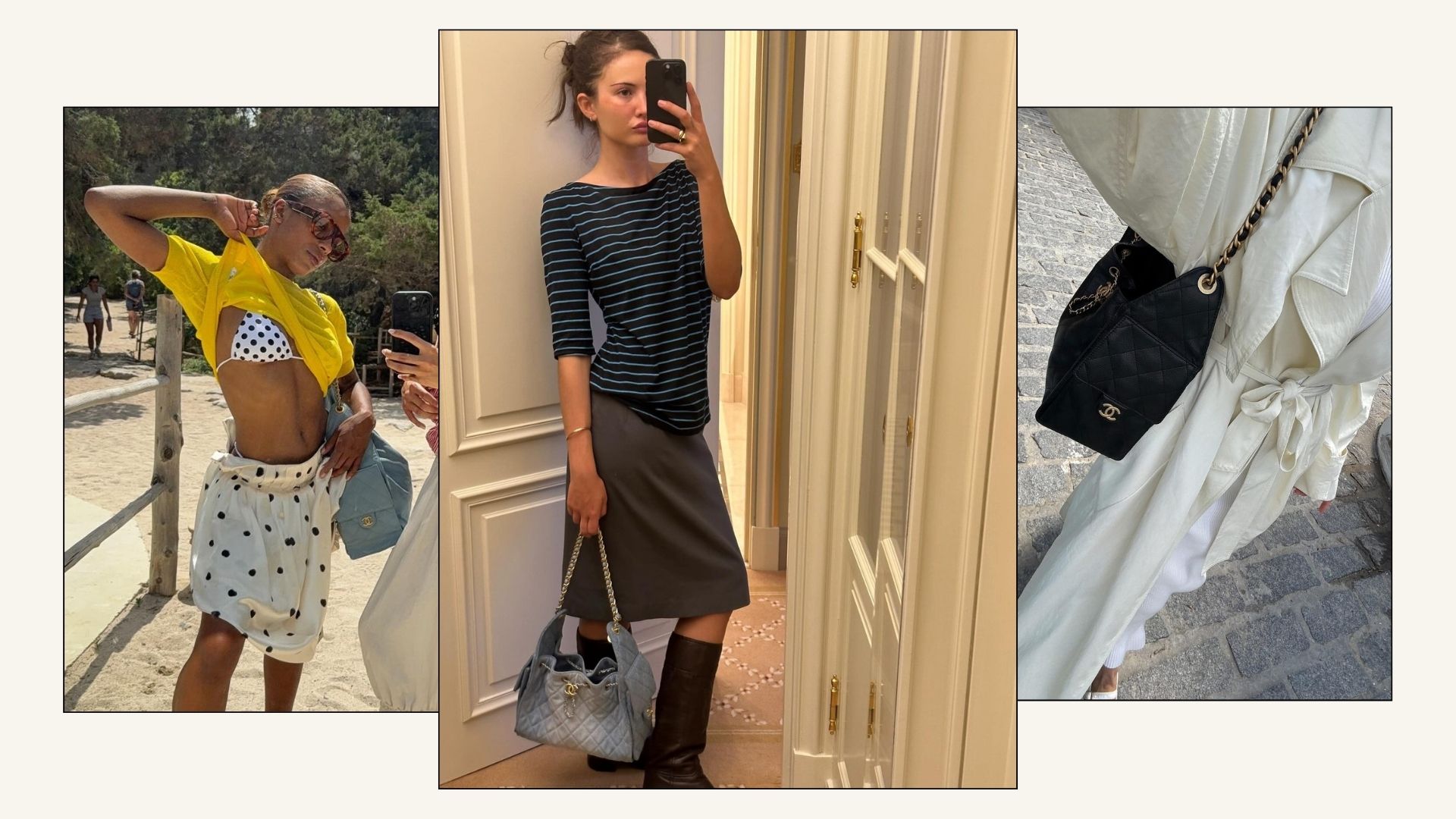 Influencers @mv.tiangue, @rubylyn_, @rikkekrefting style the Chanel 25 handbag in blue, denim and black.
