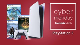 Cyber Monday PS5 deals hero image featuring PS5 games and a PlayStation 5 console