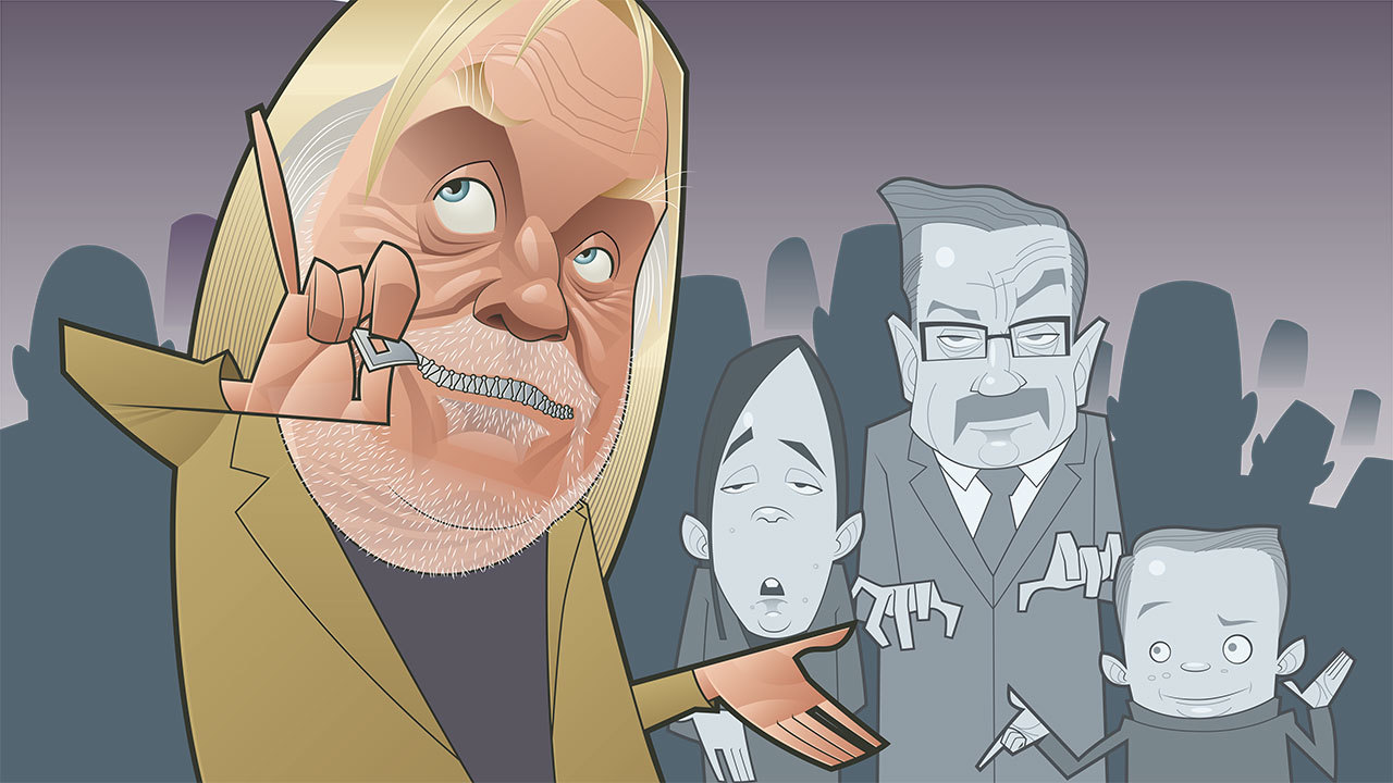 An illustration of Rick Wakeman with his mouth zipped