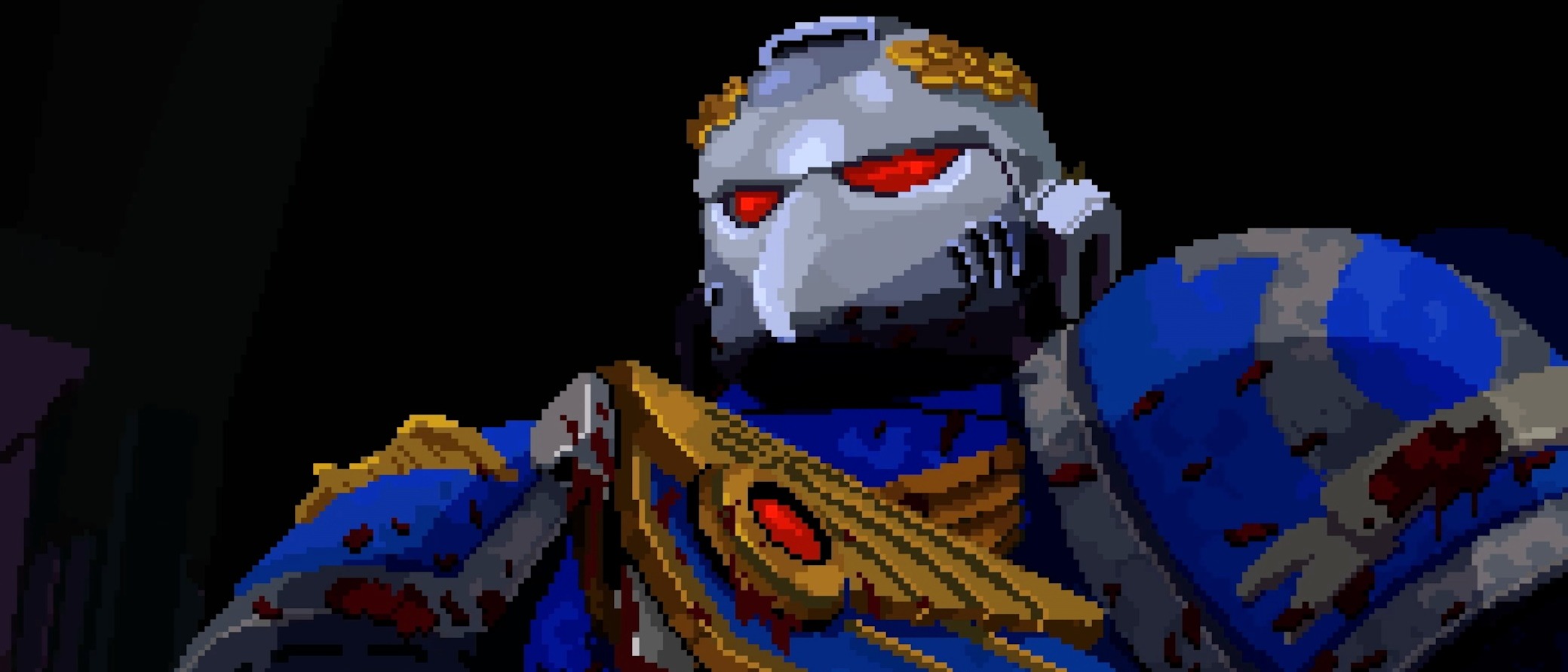 Pixel-art close-up of a battle-worn armored warrior with glowing red eyes, blue-and-gold armor, and a stern expression against a dark background; ominous, heroic mood.