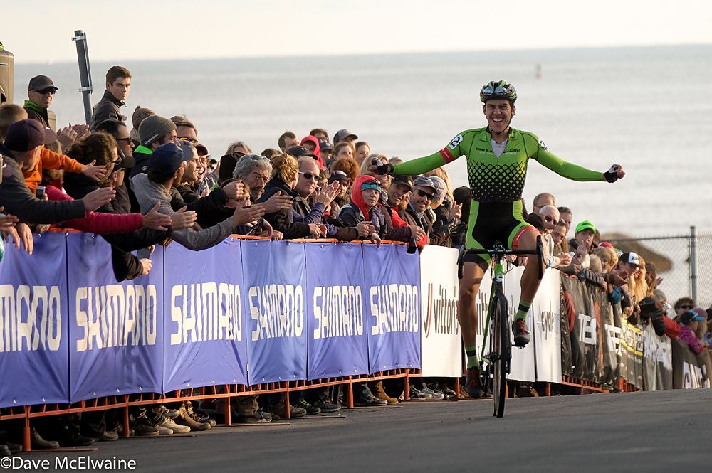 Curtis White (Cannondale) being congratulated by the large crowd in Gloucester