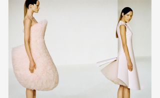 Two images, Left- Model wears pale Pink short Fluffy-puffy dress, Right- Model wears knee length pale pink dress
