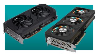 An Acer and Gigabyte pair of graphics cards against a teal background, with a white border