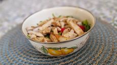 Chicken salad in an enamel bowl