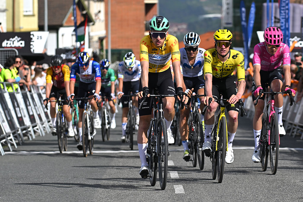 BASAURI, SPAIN - APRIL 08: (L-R) Paul Seixas of France and Team Decathlon CMA CGM - Yellow Leader Jersey, Ben Tulett of Great Britain and Team Visma | Lease a Bike and Alex Baudin of France and Team EF Education - EasyPost cross the finish line during the 65th Itzulia Basque Country 2026, Stage 3 a 152.8km stage from Basauri to Basauri / #UCIWT / on April 08, 2026 in Basauri, Spain. (Photo by Tim de Waele/Getty Images)